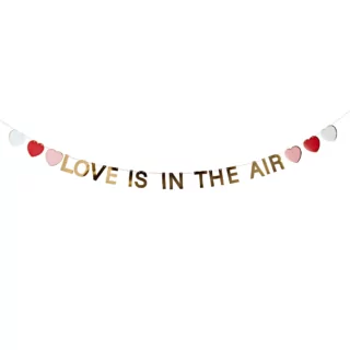 Gouden slinger met de tekst love is in the air en hartjes in het wit, roze en rood