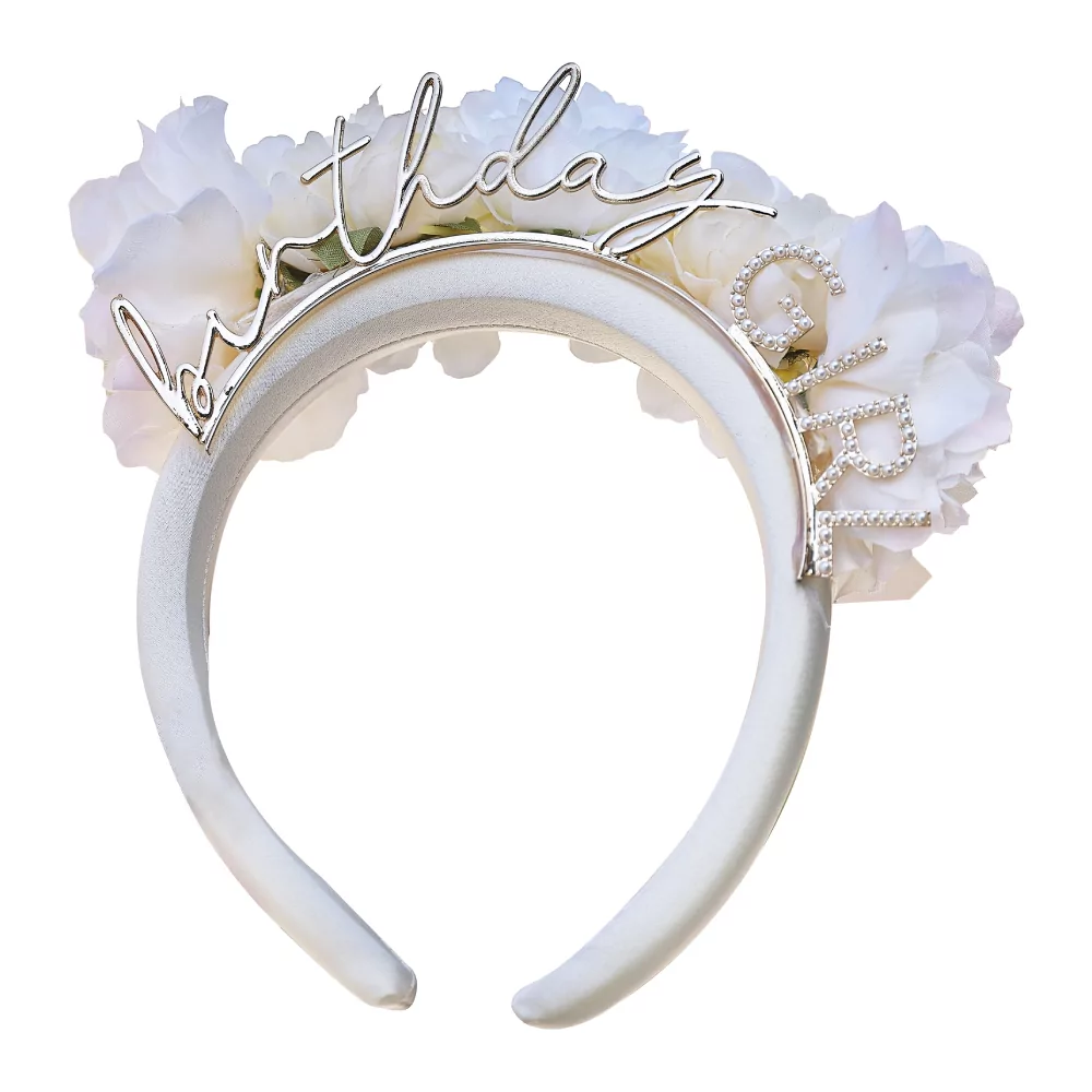 Witte haarband met rozen en de tekst birthday girl in het goud met parels