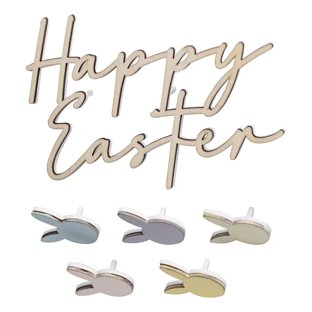 Houten taart toppers met konijntjes en de test happy easter