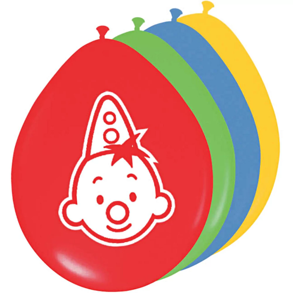 Ballonnen in het geel, blauw, groen en rood met bumba erop