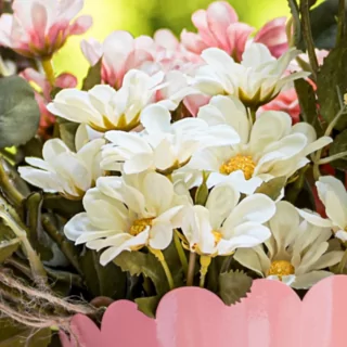 Witte madeliefjes met gele binnenkant zitten in een roze bakje