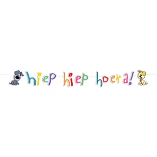 Slinger met de tekst hiep hiep hoera en woezel en pip erop