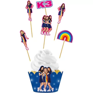 K3 cocktailprikkers en cupcake wikkels in het roze en blauw