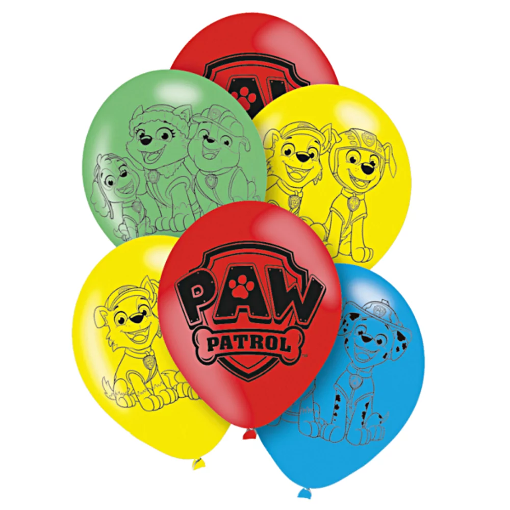 Latex ballonnen van paw patrol in het groen, rood, blauw en geel met zwarte bedrukking van karakters, zoals chase en marshall en skye