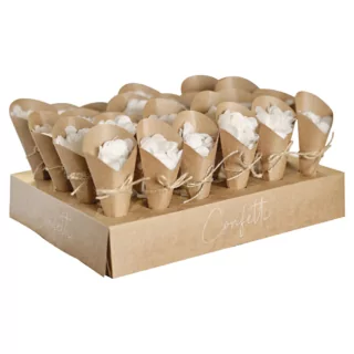 Kraft papier confetti standaard met kegels gevuld met pastel groene confetti