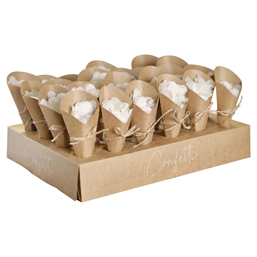 Kraft papier confetti standaard met kegels gevuld met pastel groene confetti