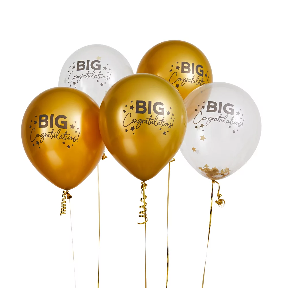 Gouden en confetti ballonnen met de tekst big congratulations
