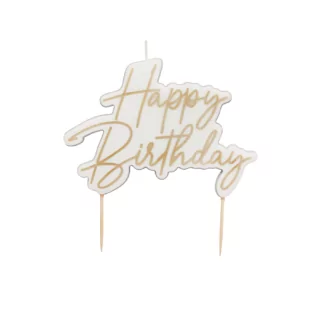 Kaars in het wit met gouden tekst happy birthday