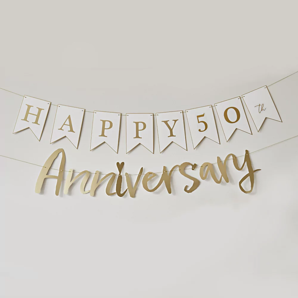happy anniversary letterbanner wit en goud