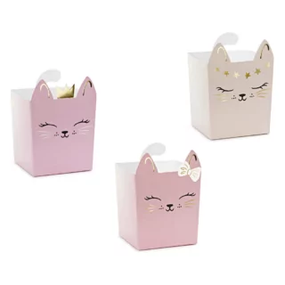 popcorn bakjes in het paars, roze en creme met katten erop