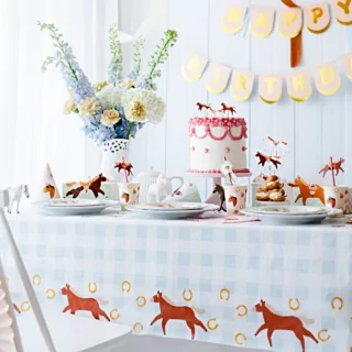 blauw met wit geblokt kleed met paarden erop