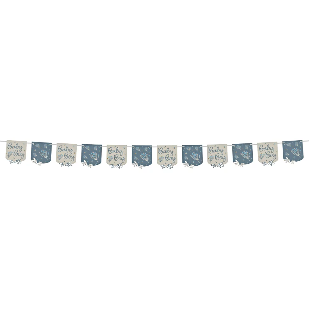 slinger met witte en blauw vlaggen met de tekst baby boy en bloemen