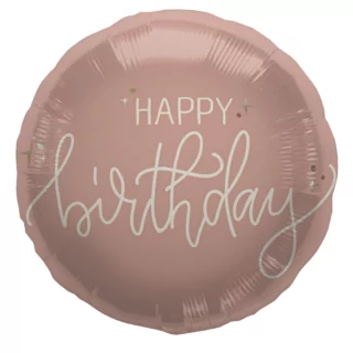 roze folieballon met de creme tekst happy birthday en gouden sterren