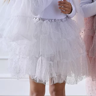 meisje draagt een witte tule tutu met zilveren pailletten