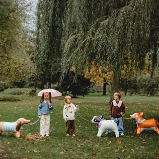 drie kinderen staan op een grasveld met folieballonnen van een corgi, een bulldog en een teckel