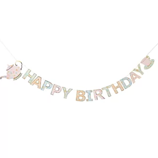 letterbanner happy birthday pastel bloemen en theekopjes