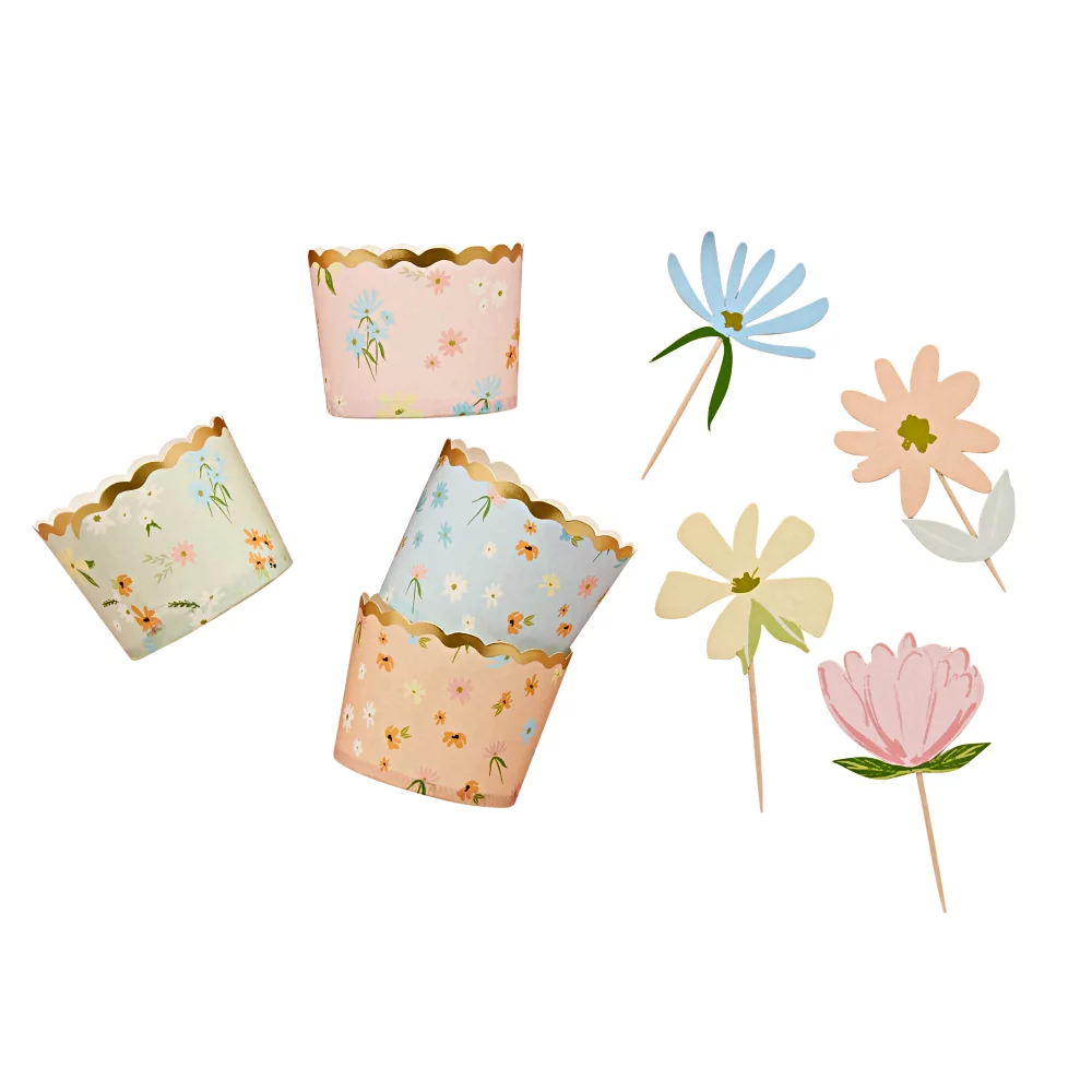 cupcake versiering bakjes en prikkers met bloemen in pasteltinten