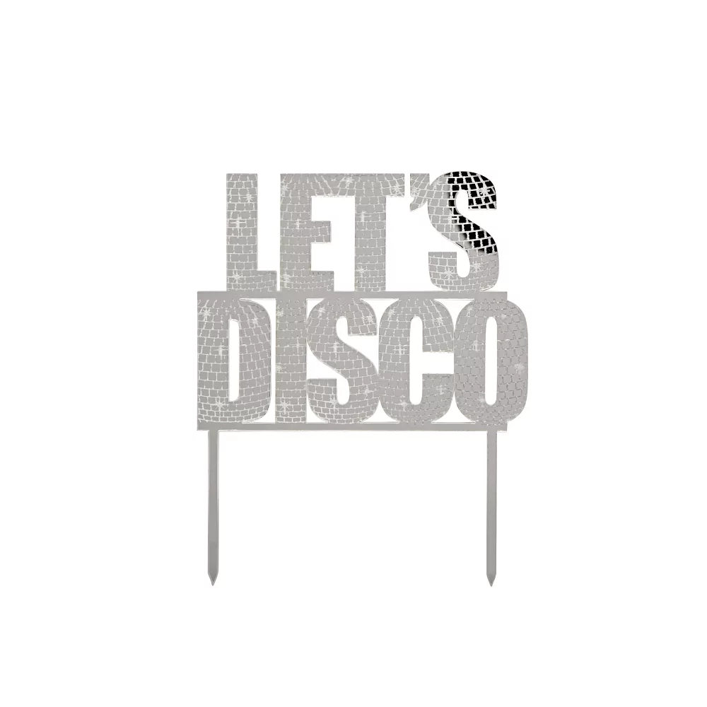 zilveren taart topper met de tekst lets disco