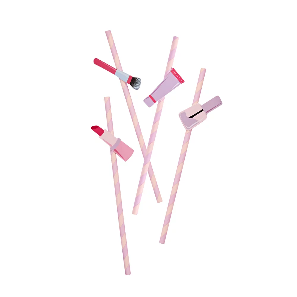 lila rietjes met makeup erop zoals een lippenstift, kwast, nagellak en creme