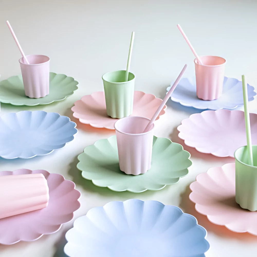 pastel bekers, borden en rietjes in het roze, lila, saliegroen en lichtblauw