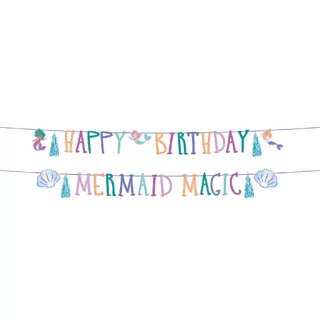 letterbanner happy birthday mermaid magic met iridescent effect, schelpen en zeemeerminnen vlaggetjes