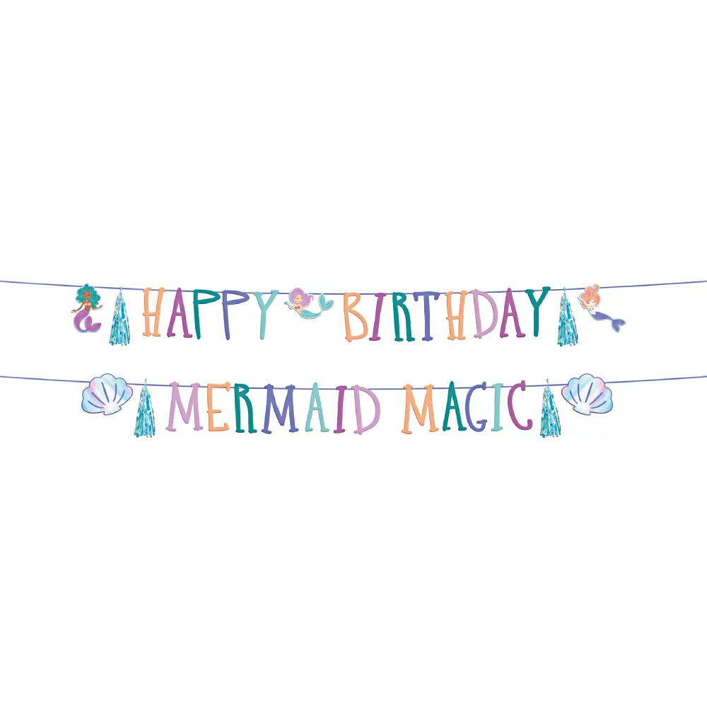 letterbanner happy birthday mermaid magic met iridescent effect, schelpen en zeemeerminnen vlaggetjes