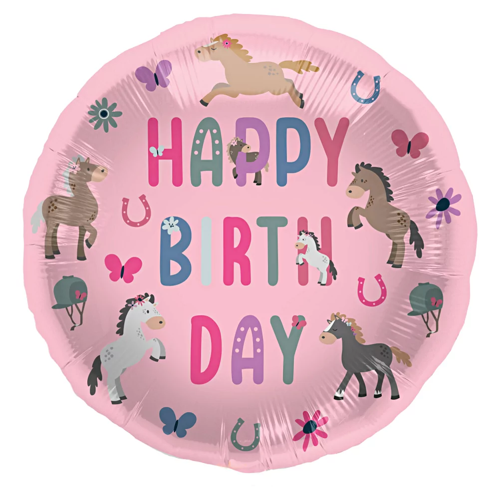 folieballon happy birthday met paarden, vlinders, bloemen en hoefijzers