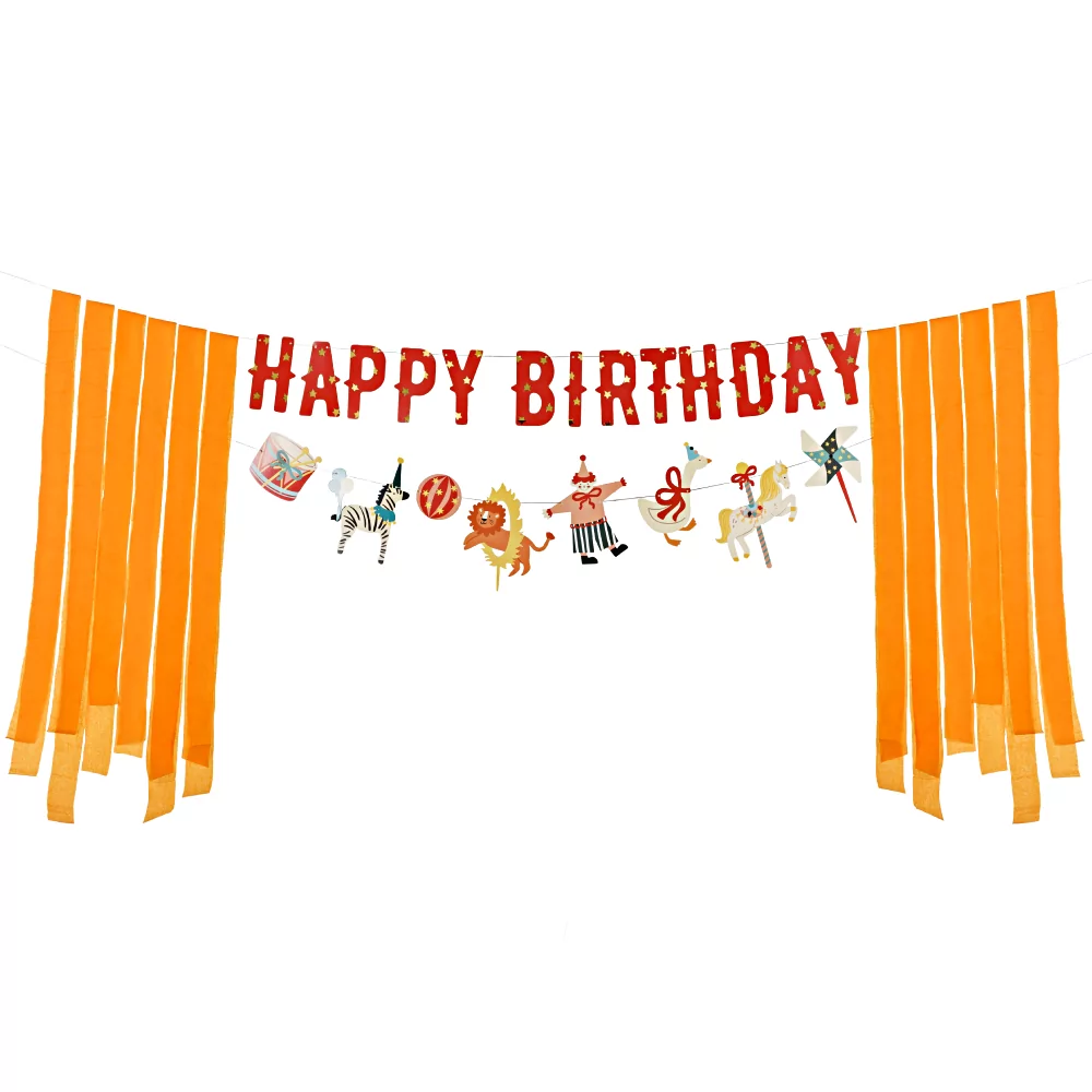 rode letterbanner happy birthday met circus figuren en oranje crepe papier