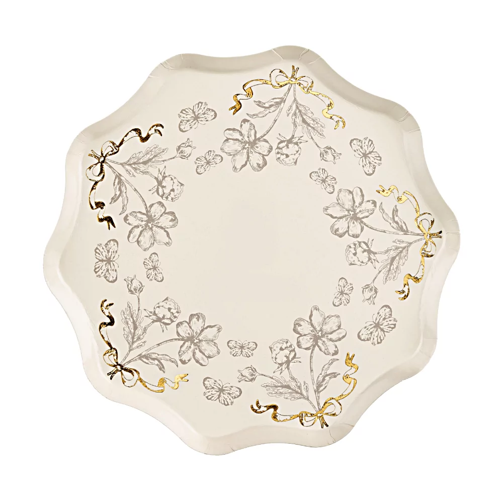 beige babyshower bordjes met gouden strikjes en bloemen