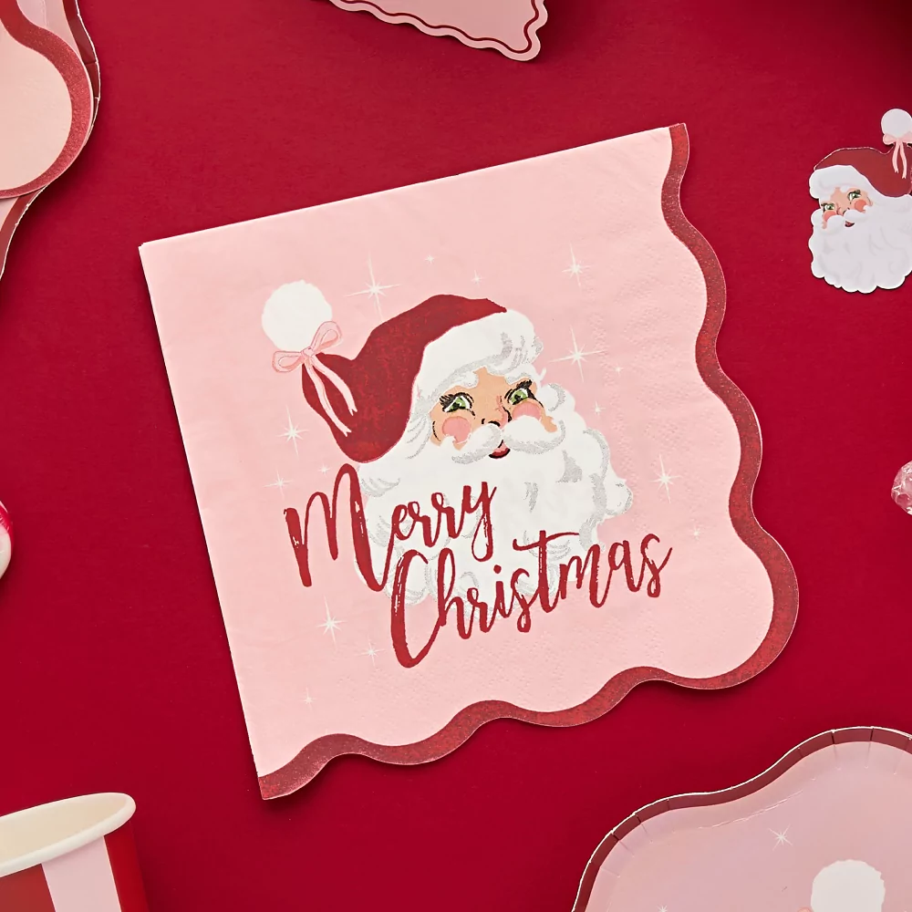 servet merry christmas met vintage kerstman en ribbelrand