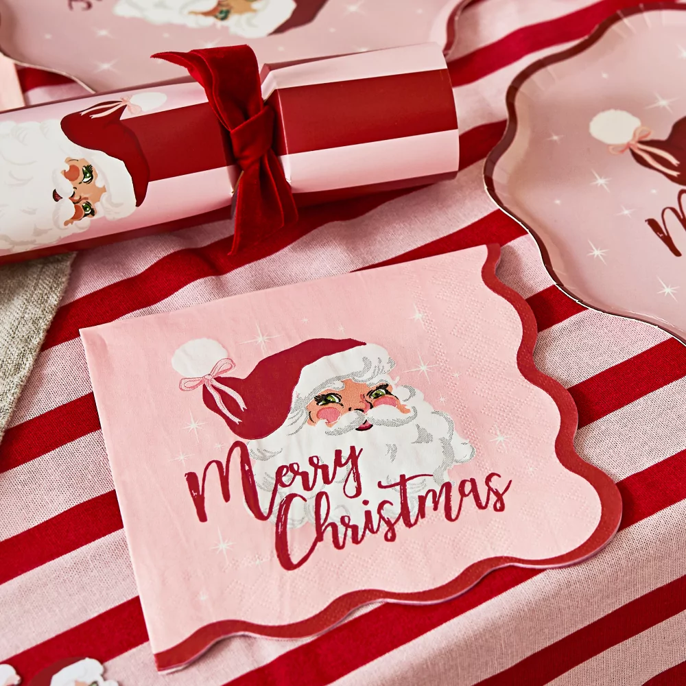 servet merry christmas met vintage kerstman en ribbelrand